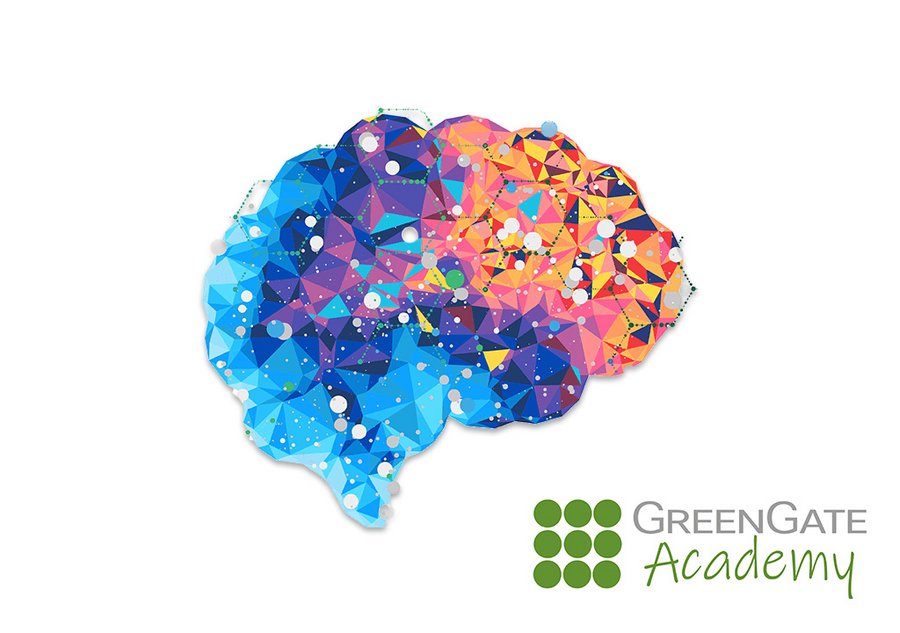 Farbige Ilustration eines menschlichen Gehirns mit Wort- und Bildmarke der GreenGate Academy.